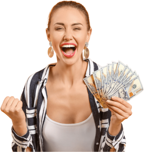Surprised woman with money on hand