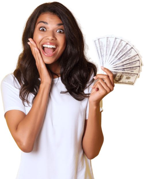 Surprised woman with money on hand